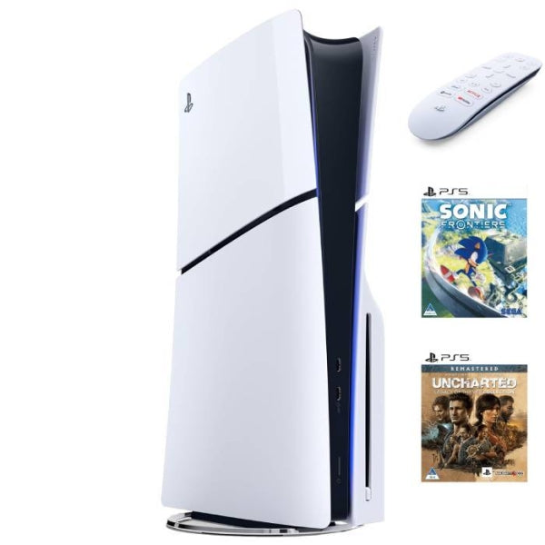 PLAYSTATION 5 SLIM + PS5 MEDIA REMOTE + SONIC FRONTIERS (PS5) + UNCHARTED LEGACY OF THIEVES COLLECTION (PS5)