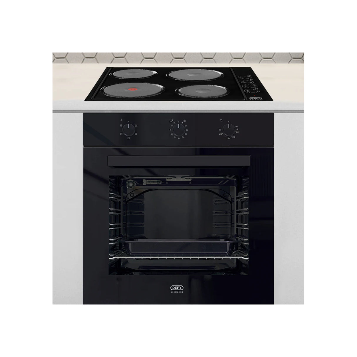 Defy Slimline Bundle - 60cm Eye Level Glass Oven Black + 60cm 4 Solid Plates Hob Black