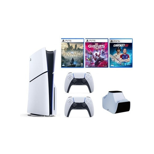 PLAYSTATION 5 SLIM + PS5 DUALSENSE WHITE + NAC: DS5 TWIN-CHARGER + CRICKET 22 + HOGWARTS LEGACY + MARVEL'S GUARDIANS OF THE GALAXY