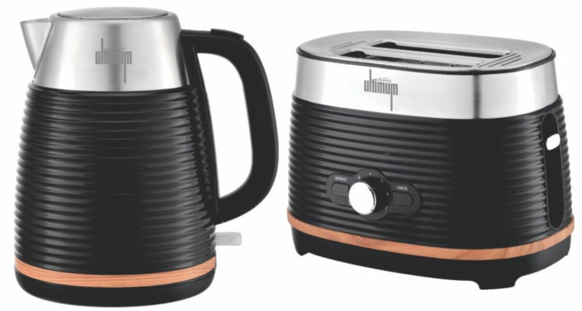 Sunbeam Ultimum S/S Black Ribbed, Wood Trim Effect Kettle and Toaster